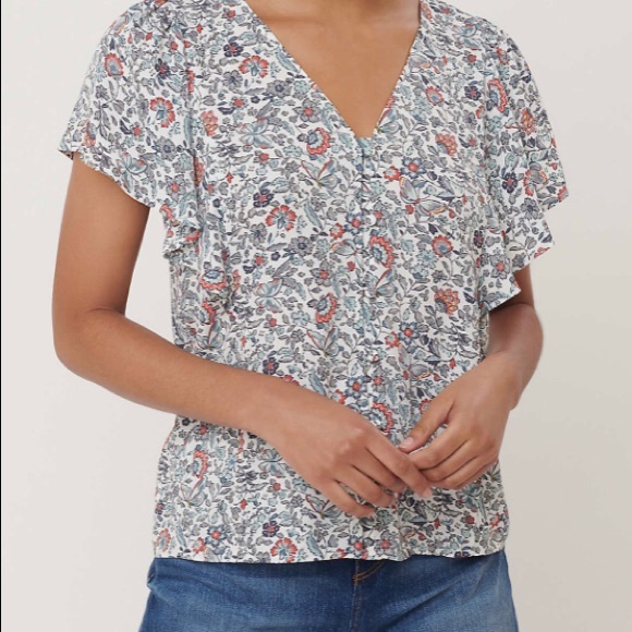 LOFT Tops - LOFT White Floral V-Neck Flutter Sleeve Blouse with Blue and Coral Accents